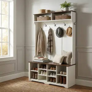 Farmhouse Entryway Hall Tree with Shoe Storage Bench, Rustic Mudroom Organizer with Coat Hooks & Top Cubbies, 47" Wide