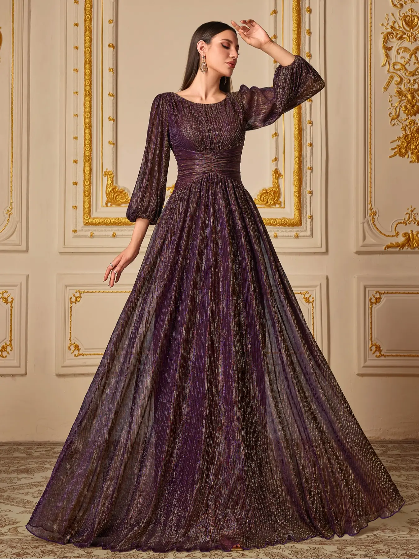 Elegant Women's Party Dress, Womenswear, Round Neck Lantern Sleeve, Waist-Curling Sequins Fitted Formal Wear Evening Gown, Perfect for Special Occasions