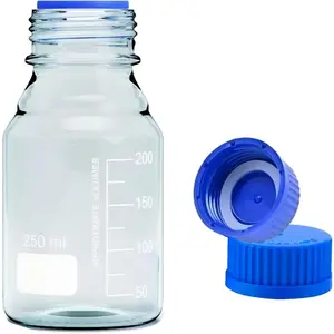 250ml Reagent Media Bottle, Graduated Glass Round Media Storage Bottle with blue GL45 Screw Cap, Wide Mouth Lab Reagent Bottle, Clear,Pack of 1
