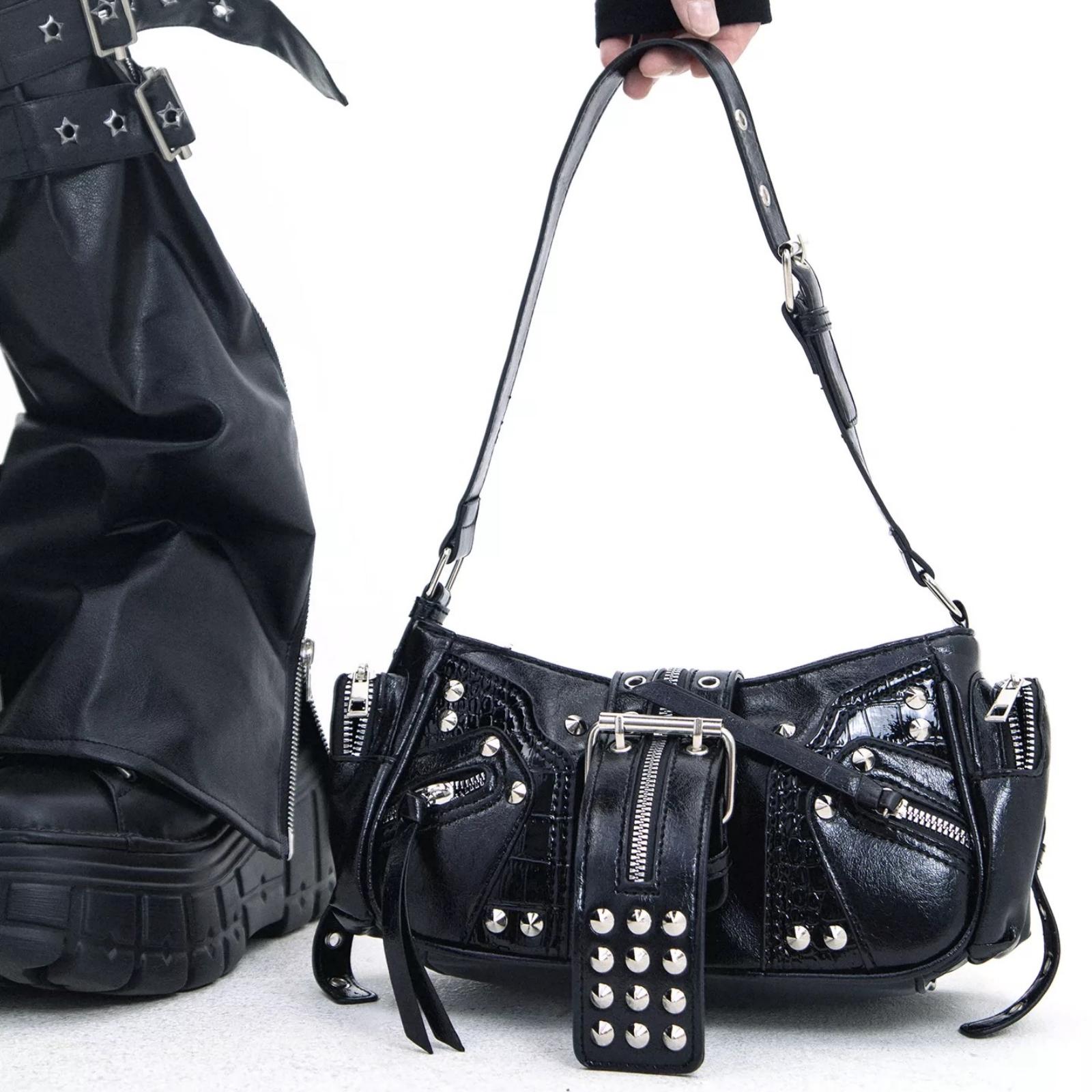 Unisex Punk Rock Motorcycle Shoulder Bag, Y2K Oilcloth Leather Crossbody Underarm Handbag With Adjustable Strap, Suitable For Shopping, Traveling, Commuting