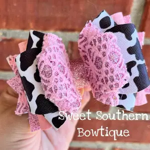 Cow Print and Pink Faux Leather Hair Bow