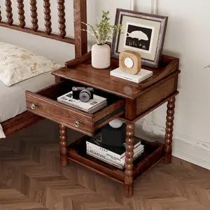 Retro Nightstand with Drawer and Open Shelf, Bedside Table with Turned Legs and Metal Handle, End Table for Bedroom (Walnut)
