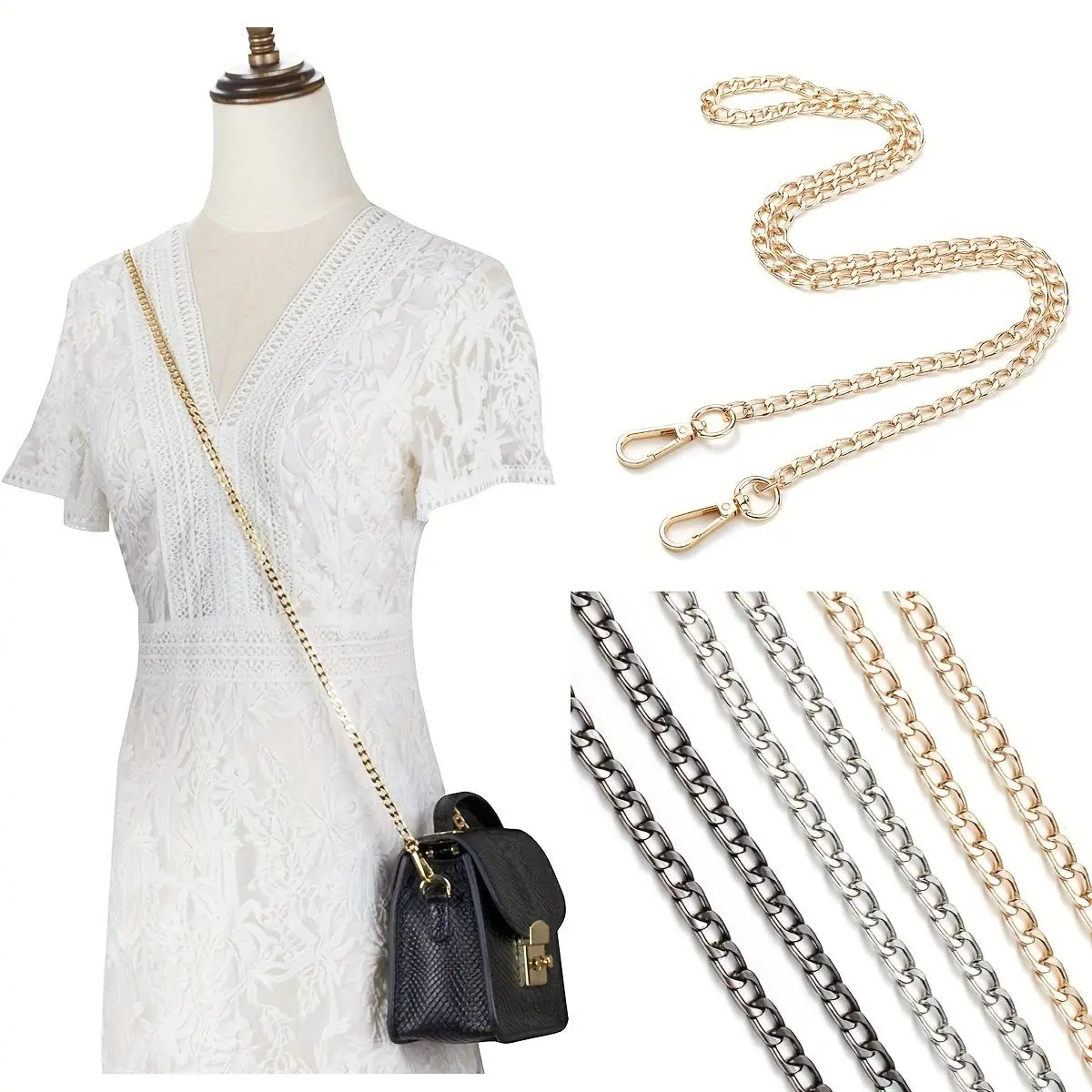 1/2PC Metal Chain Strap - Purse Chain Strap Shoulder Cross Body Handbag Replacement Strap With Metal Buckles Iron Flat Chain Strap Handbag Accessories Removable Diagonal Strap - For Women - Suitable for Handbags & Purses - Perfect Gift for Fashionistas
