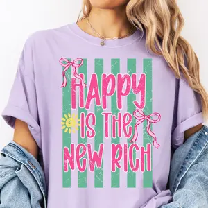 Happy Stripe Tee, Comfort Colors Graphic Shirt, Happy is Rich Tee, Everyday Trendy Shirt, Summer Tee, Oversized Graphic Tee, Womens Shirt, DTG Printed In the USA