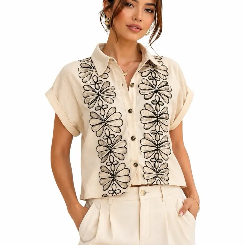 Women’s Embroidered Linen Blend Button-Up Shirt – Short Sleeve Beige Blouse