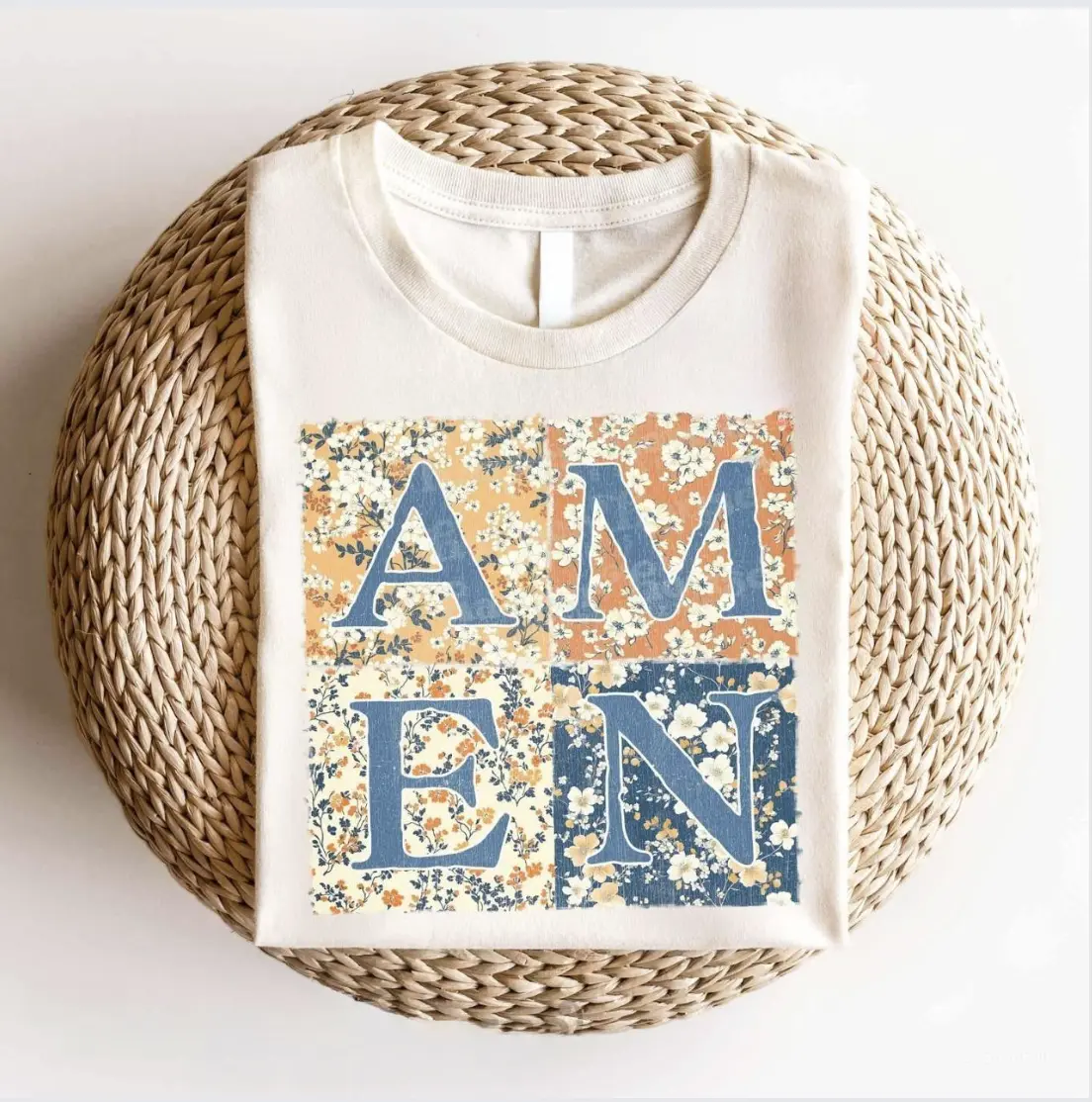 AMEN Floral Patchwork Shirt, Fall Flowers Christian Tee, Religious, Bible Verse, Faith Apparel, Full Sizes, Full Colors, Unisex Cotton Round Neck Shirt, for Men and Women