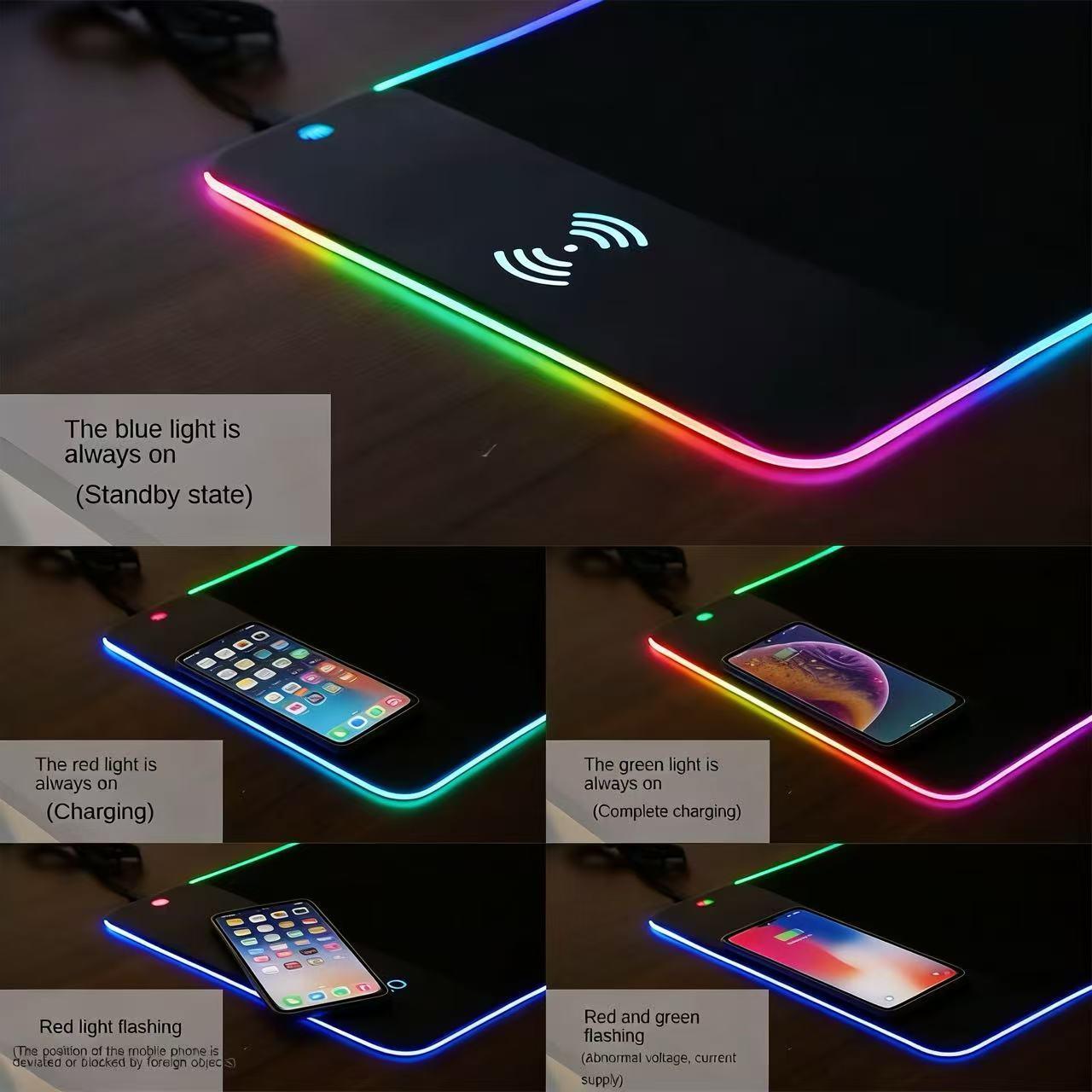 RGB Gaming Mouse Pad with Wireless Charging, Large LED Desk Mat with Multiple Light Modes, Non-Slip Base, Fast Charging Mousepad for iPhone/Android, Perfect for PC Gamers & Office Use