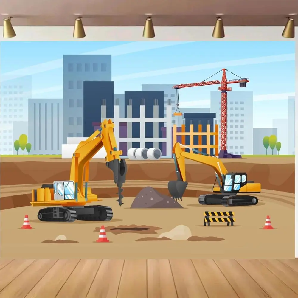 1pc 2D Flat Excavator & Construction Site Theme Party Backdrop - ft/ft Banner for Birthday, Cake Table Decor & Portrait, Universal Occasion