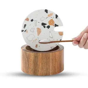 Wooden Salt Cellar with Marble Lid,Salt Container Box Bowl for Countertop,Elegant Salt Holder Jar Dish with Spoon,Kitchen Seasoning Containers for Salt Pepper Sugar  Storage,6OZ
