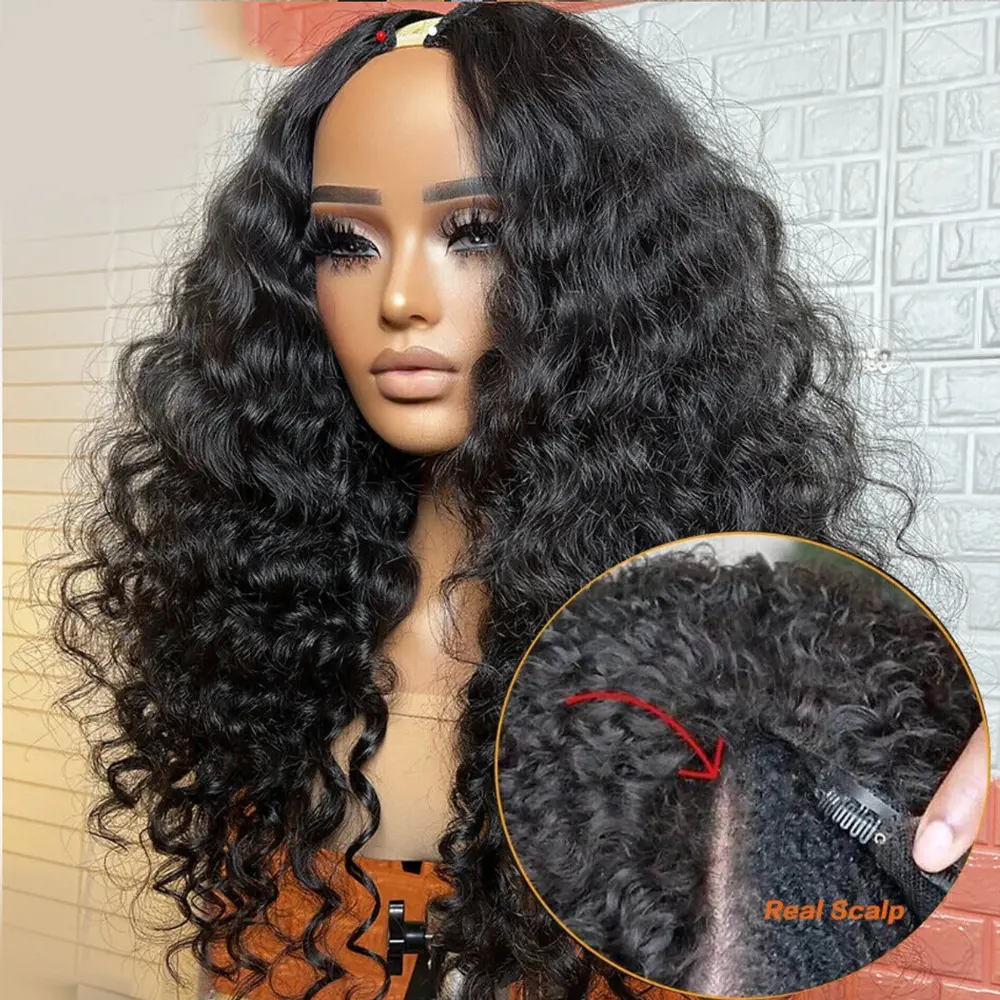 Bling Hair V Part Wig Human Hair Deep Wave Glueless Upgrade V Shape Wig No Leave Out Drawstring Human Hair Wigs for Women 180 Density Brazilian Hair Beginner Friendly Deep Curly Wigs summerwins