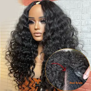 Bling Hair V Part Wig Human Hair Deep Wave Glueless Upgrade V Shape Wig No Leave Out Drawstring Human Hair Wigs for Women 180 Density Brazilian Hair Beginner Friendly Deep Curly Wigs