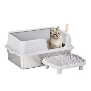 Stainless Steel Cat Litter Box with Lid Extra Large Pan High Sides for Big Cats Pedal Filter Scoop No Odor Non Sticky Anti Leakage Easy Cleaning Gray