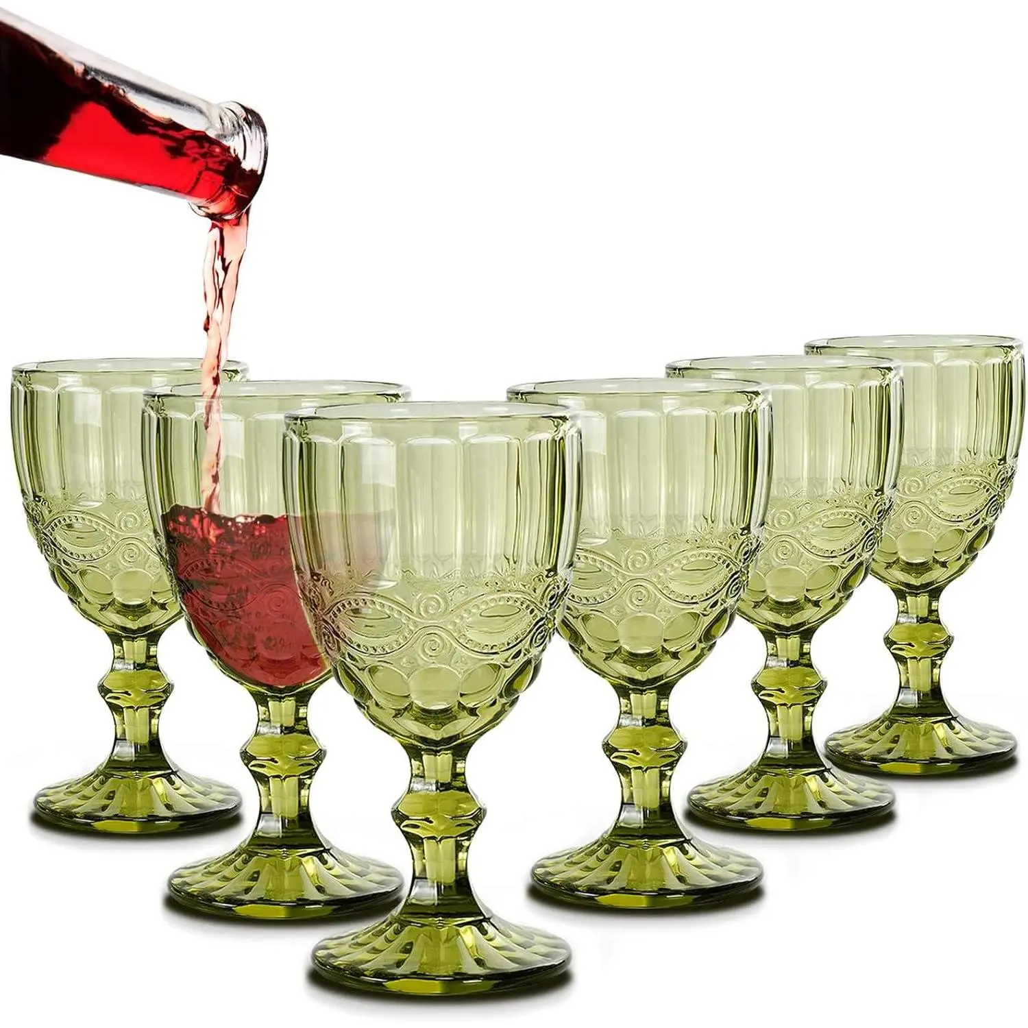 Vintage Green Wine Glasses Set of 6 - 10 oz RetroWave Textured Goblets, Vintage Glassware for Home Festive Party Wine & Juice Serving, Glass Drinking Glasses