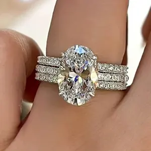 3 Pcs/Set Exquisite Oval Zirconia Bridal Rings Set - Elegant Women's Engagement Wedding Party Banquet  with Delicate Design and Luxurious Feel, diamond hidden halo,daily wear fashion jewelry accessory trendy all-match gift inspiration oval