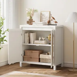 White Qeetex 31 Inch Small Sideboard Buffet Cabinet with Glass Doors Adjustable Shelf and Black Finish White