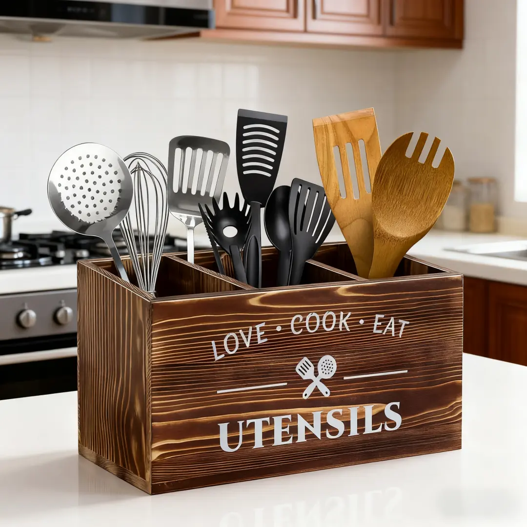 Sturdy Brown 3-Wooden-Compartment Kitchenware Organiser, Cookware-Cutlery Holder, Countertop Cooking Utensil Storage Rack for Rural Wooden Kitchen Decoration, Knives