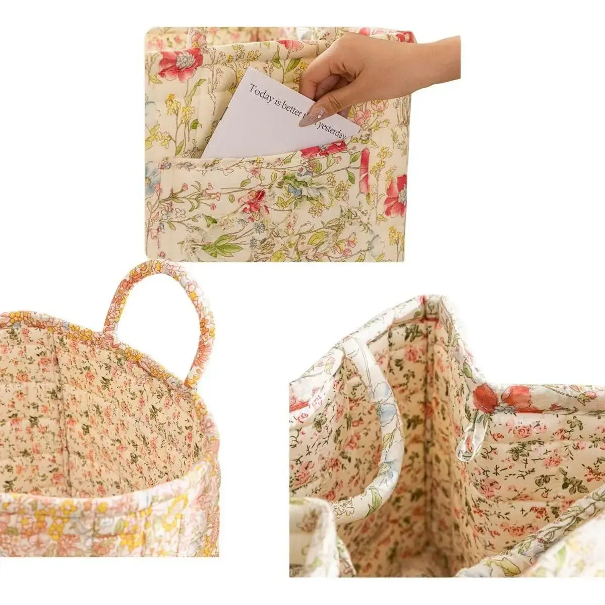 Quilted Fabric Storage Basket with Handles – Boho Foldable Floral Organizer Bin for Home, Picnic, Shopping, Travel 13"x11"x10" (Rose Cream) Quilted Fabric Storage Basket with Handles – Boho Foldable Floral Organizer Bin for Home, Picnic, Shopping, Travel 13"x11"x10" (Rose Cream)