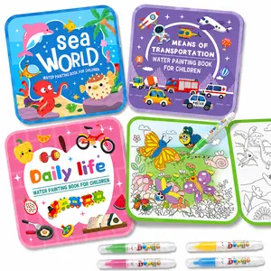 Water Painting Book for Kids , 4 Pack Magic Water Coloring Book with Water Pen Themes  No-Mess Drawing Activity with Water Pens for Toddlers Ages 3+ , No Mess Paint Coloring & Reusable Fun Travel Activity Toys