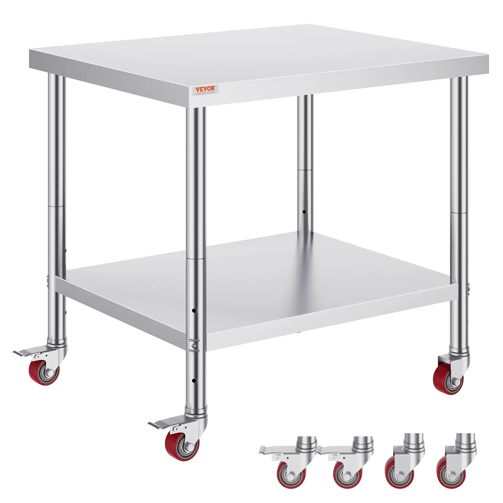 VEVOR Durable Steel Utility Cart Work Table - 36x30x34in, 700lb Load Capacity, 4 Smooth Transport Wheels, 3 Adjustable Heights, Food Prep Table for Kneading Dough, Organizer Racks & Shelf, Fits Kitchens Bars Buffets (Father's Day Gift)