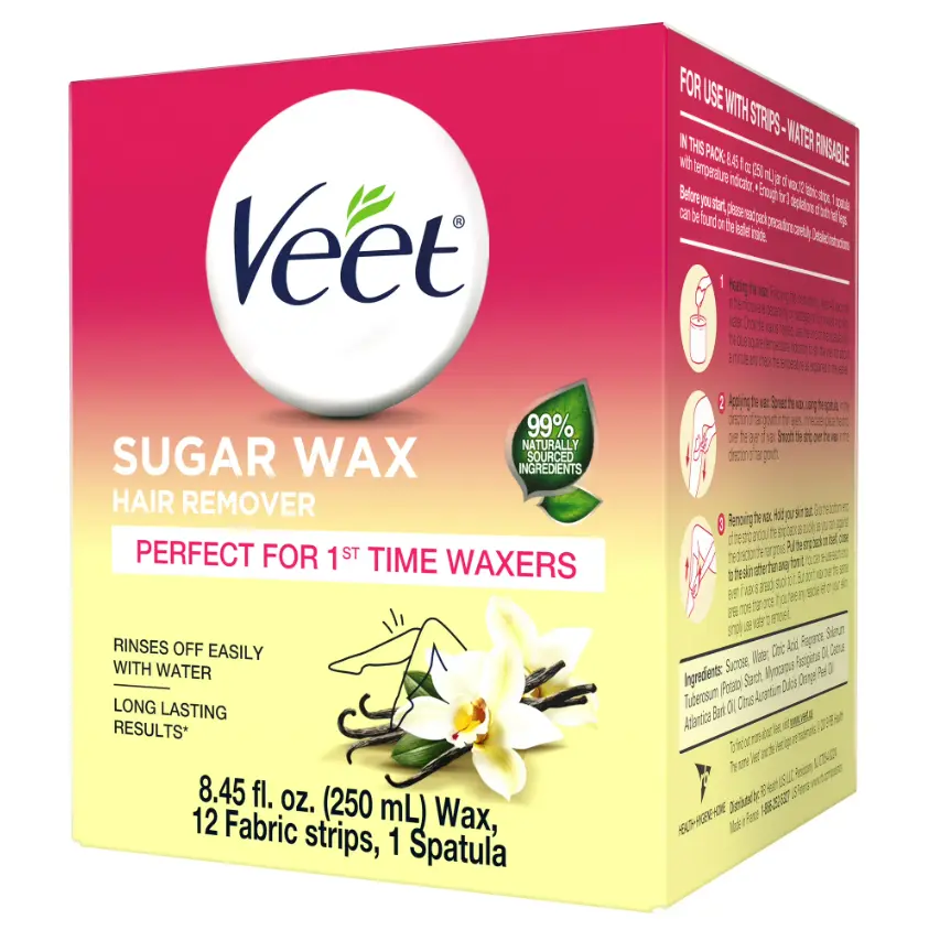 Hair Removal Wax- VEET Sugar Wax, Hair Remover Waxing Kit with Essential Oils and Floral Vanilla Fragrance, 250ml Wax and 12 Fabric Strips with 1 Spatula