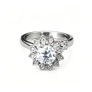 Rotatable Sunflower Moissanite ring gift  Halo Ring for Women 1CT 6.5MM D VVS1 Adjustable Band 925 Silver Plated Hypoallergenic Stackable Wedding Engagement Anniversary Gift Fine Jewelry