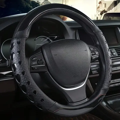 Premium PU Leather Steering Wheel Cover - Heart-Shaped Pattern, Anti-Slip, Wear-Resistant, Sports Style, Universal 1-Size Fit, All-Seasons Girly Car Accessories, Comfortable Grip, Car Interior Decor for Daily Drive Vehicles