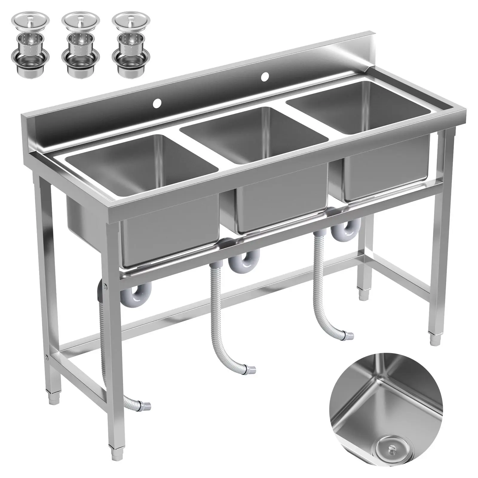 Utility Sink, Freestanding 3 Compartment Sink(13.7 x 13.7 x 9.5 in), Stainless Steel Commercial Restaurant Sinks, Laundry Tub with 2 Pre-Drilled Faucet Holes(51 x 19.7 x 31.5 in)