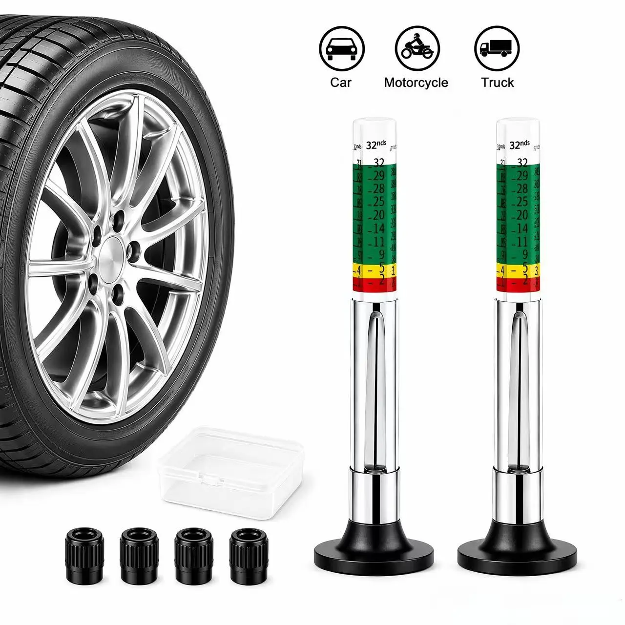 Tire Tread Depth Gauge 2 Pack, Color Coded 1/32" Tread Checker with Storage Case & 4 Valve Caps for Car Truck SUV