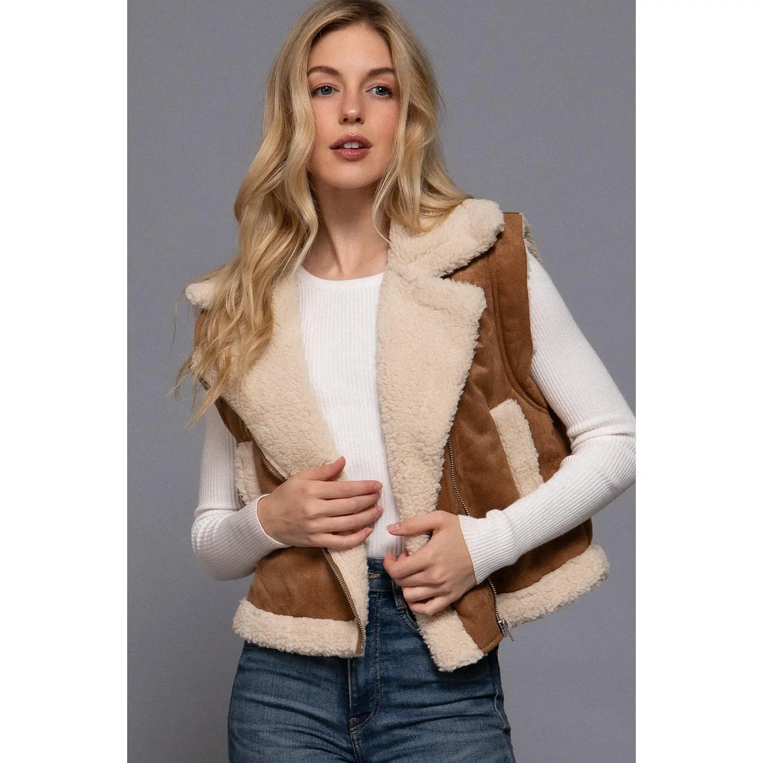 Faux Suede Sherpa-Lined Zip-Up Vest