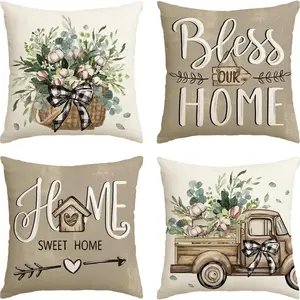4PCS Bless Our Home Farmhouse Eucalyptus Leaves Throw Pillow Covers, Truck Home Sweet Home Cushion Case Decorations Home Textile
