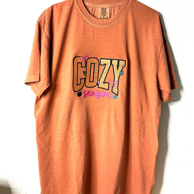 Embroidery Applique with glitter cozy Season, Size Large, Burt Orange Fall color, women’s T shirt
