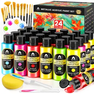 40 Pcs Metallic Acrylic Paint Set with 12 Brushes, 2 Knives & Palette, 24 Colors (2oz/60ml) - for Adults, Artists & Beginners - Canvas Ceramic Rock Wood Pumpkin Painting Kit