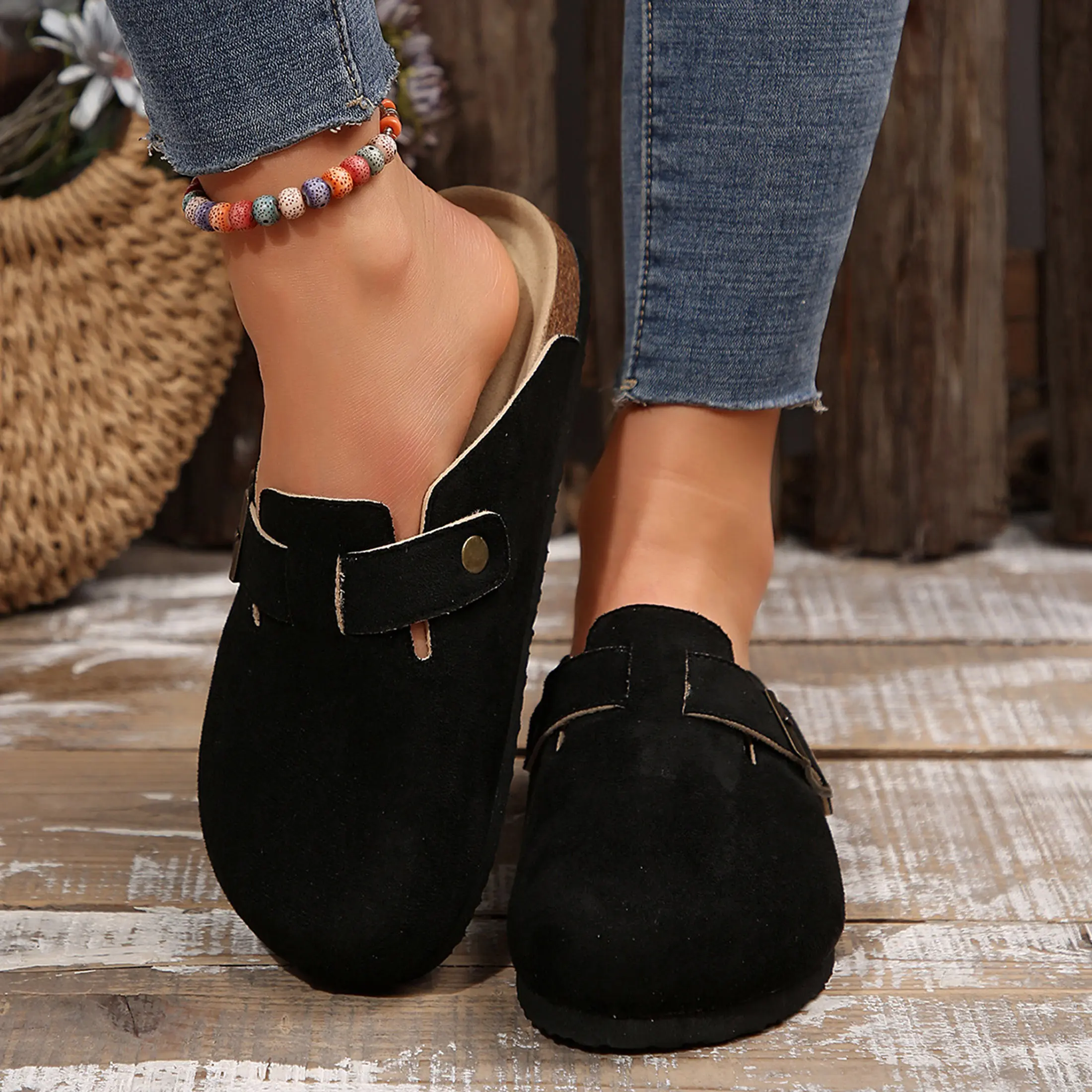Women's Suede Clogs Mules Cork Footbed Sandals Unisex Slip-on Comfortable Home Mules Potato Shoes Adjustable Buckle Indoor Outdoor Shoes Brown Active