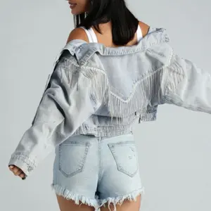 NWT Rocker-Chic Rhinestone Fringe Denim Jacket size Small