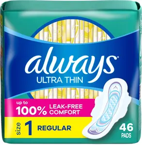Always Ultra Thin Pads with Wings, Size 1, Regular, 46 Count Always Ultra Thin Pads with Wings, Size 1, Regular, 46 Count