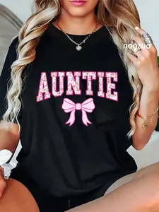 100% Cotton Unisex Auntie Coquette Bow Retro Pink Aesthetic Mother's Day Aunt T-Shirt Casual Top