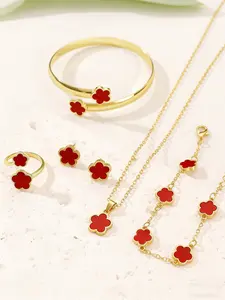 6-Piece Alloy Four-Leaf Clover Jewelry Set For Women-Bracelet Necklace Earrings Earrings Lucky Flower Pendant, Elegant French Jewelry For Women