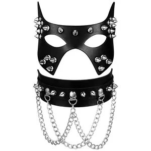 OIDEA 2-Piece Lightweight Leather Mask and Chain Choker Accessory Set - Punk Rivet Masquerade Mask for Halloween Cosplay, Party Wear, Ideal Gift summerwins,summerwins
