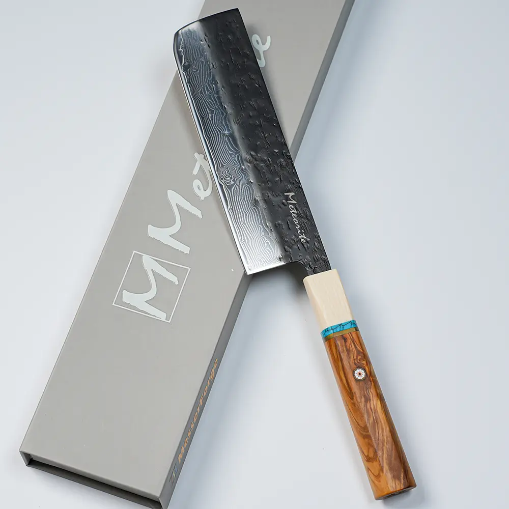 Nakiri Japanese Vegetable Knife, For Home & Pro Kitchens, Midnight Black Hand-Forged Blade, Convex Grind Precision, Olive Wood Ivory Resin – Home Chef & Collector Gift | Meteorite IceRaven 7 Inch