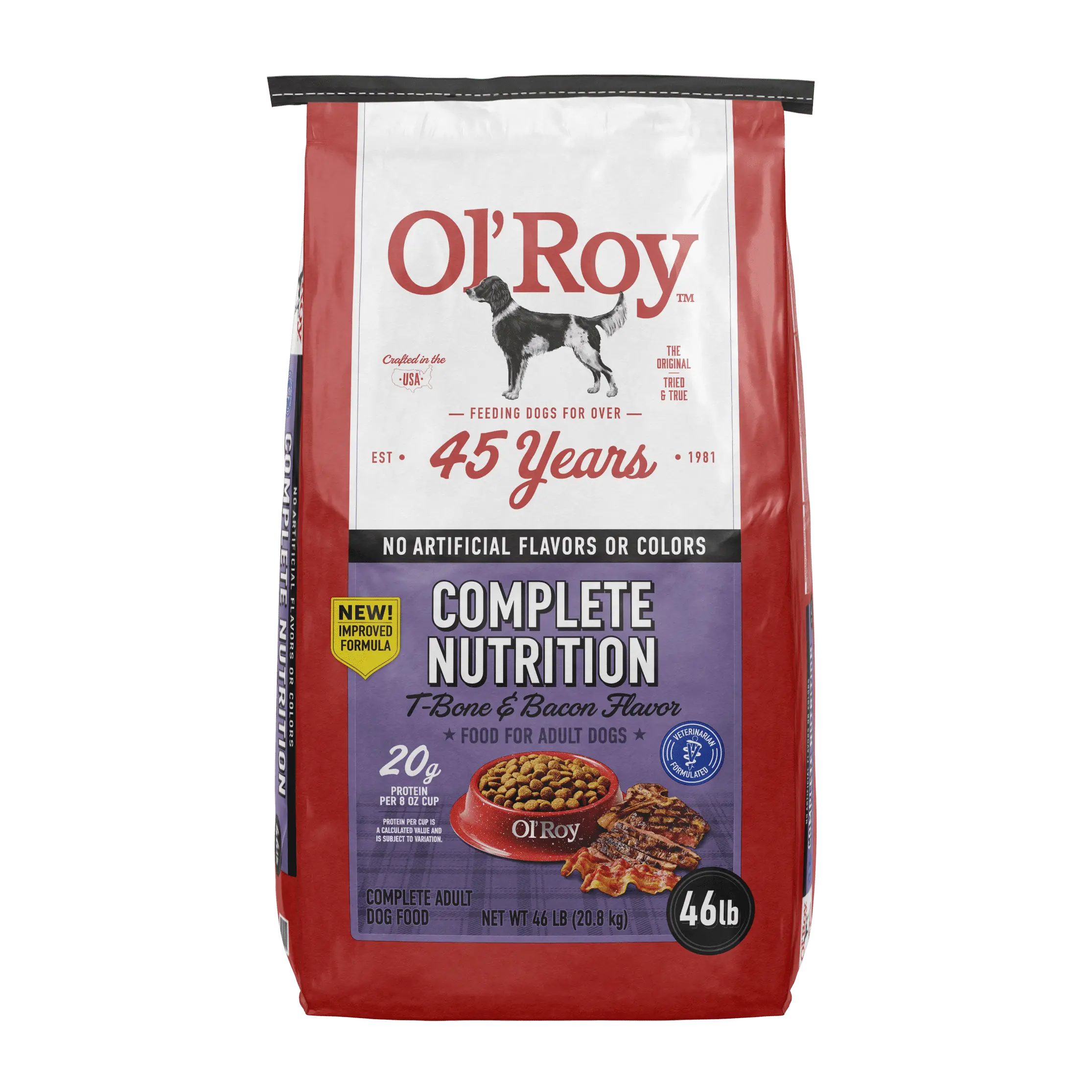 Complete Nutrition T-Bone & Bacon Flavor Dry Dog Food, 46 lb Bag, High-Protein Adult Dog Kibble with Crunchy Texture, Natural Formula for Healthy Skin, Supports Active Lifestyle & Reduces Plaque Buildup