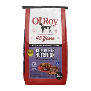 Complete Nutrition Dry Dog Food T-Bone and Bacon Flavor, 46 lb Bag, High Protein Adult Dog Kibble with Crunchy Texture