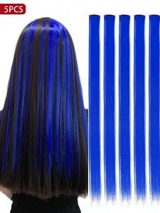 5pcs 20inch Synthetic Blue Color Clip-In Hair Extensions, Seamless Highlights, Synthetic Wavy Medium-Length, Easy Wear, Stylish for Daily & Party Looks