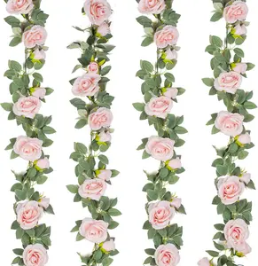 4Pcs 26 FT Artificial Rose Vine Garland Fake Silk Rose Hanging Vine for Wedding Party Garden Background Decoration Pink