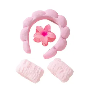 4-Piece Spa Headband and Wristband Flower Hair Clip Set Sponge Waterproof Bubble Headband Dallas for Face Wash Skin Care Headband and Makeup Headband Hair Accessory Gifts for Women Girls