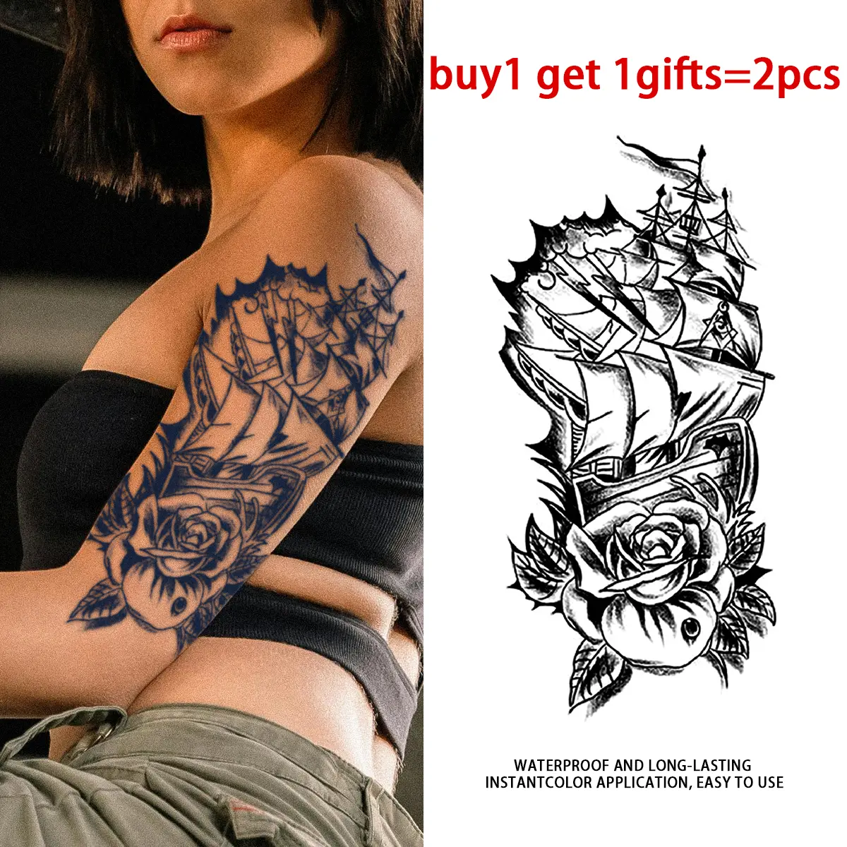 Vintage Sailing Ship Rose Full Sleeve Temporary Tattoos - 2 Sheets Semi-Permanent Waterproof Realistic Fake, Easy Apply for Men, All Skin Types Ideal for Swimming Party