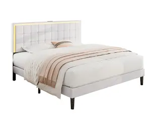 Amerlife Tufted Smart Bed Frame with LED Headboard, Linen Button Tufted Upholstered Platform Bed, USB Charging Station, Strong Wooden Slats Support, No Box Spring Needed, Tufted Beds