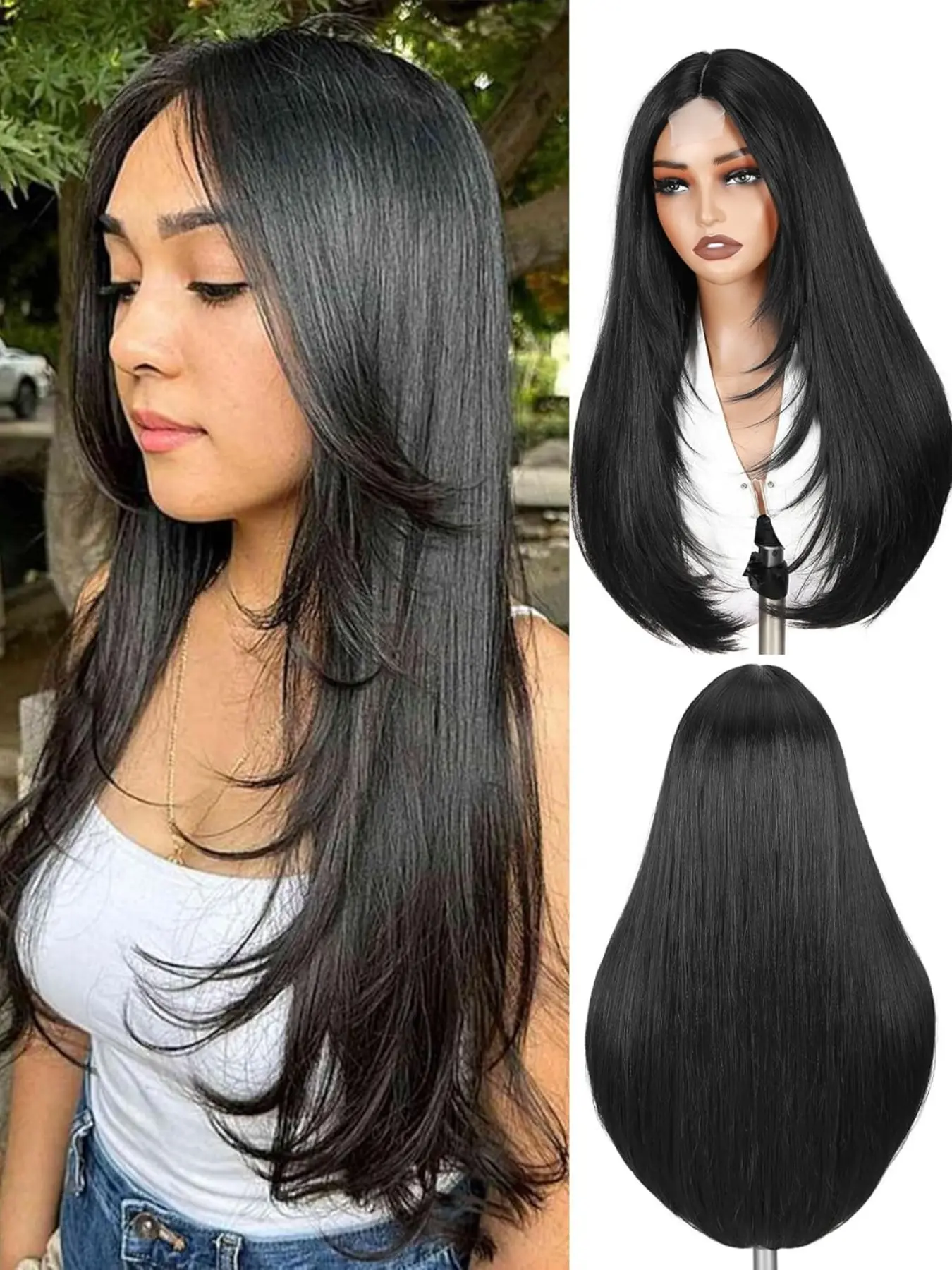 Long Straight Wigs for Women, 26 Inch Layered Wig, Middle Part Synthetic, Glueless, Heat Resistant, Hair Replacement Wigs, Synthetic Material Wigs