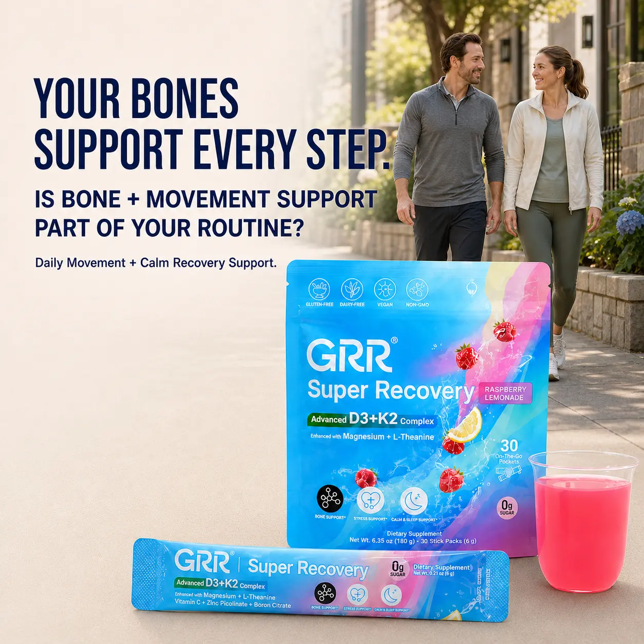GRR Super Recovery Daily Drink Mix | Bone & Calm Support | D3 K2 + Magnesium | 30 Sticks