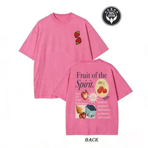 Women's Vintage Washed Christian Streetwear Round Neck Short-Sleeve T-Shirt - Fruit of the Spirit Graphic, Solid Breathable Cotton Fabric, Chic Trending Top