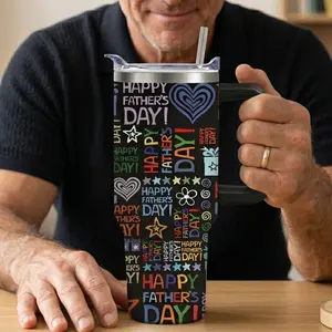 Happy Father's Day 40oz Tumbler with Handle, Best Dad Ever Stainless Steel Insulated Mug, Dual-Use Lid Direct Sip Straw Includes Soft Straw, Perfect Papa Gift